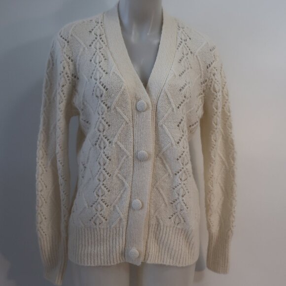 NWT Women Minnie Rose Vanilla Pointelle Mohair Wool V-Neck Cardigan Sweater XS/S - Picture 2 of 9